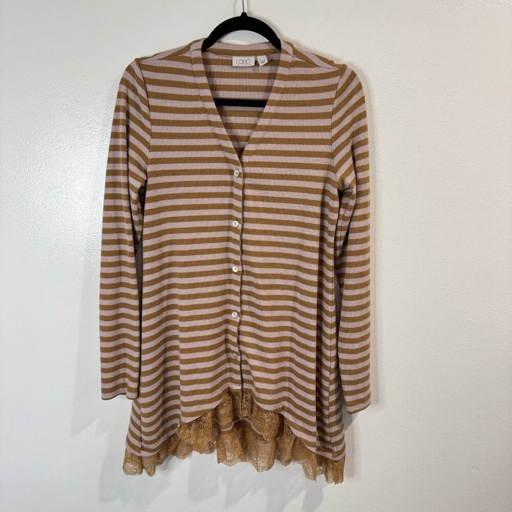 LOGO Lori Goldstein Sweater Cardigan M Striped Lace Brown Pink Waffle Knit